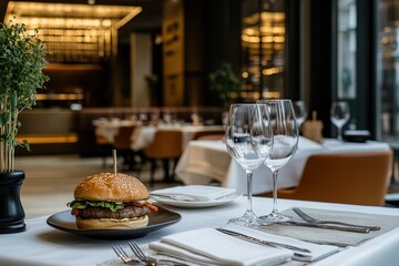 Fototapeta premium Elegant dining setup with gourmet burger and glasses in a modern restaurant ambiance