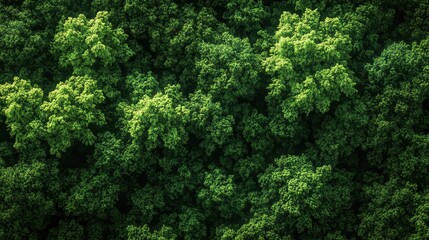 Fototapeta premium Lush green forest canopy viewed from above; dense foliage creates a textured background. Ideal for nature, environmental, or conservation projects, showcasing biodiversity and ecosystem health.