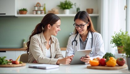 two women, a nutritionist advises a client on healthy eating, a nutritionist advises a young woman in a bright office, consultation, diet, healthy lifestyle