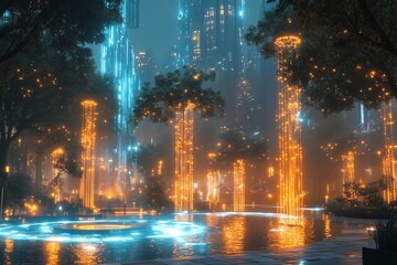 Exploring a futuristic city park with holographic trees urban oasis digital nature immersive experience innovative design
