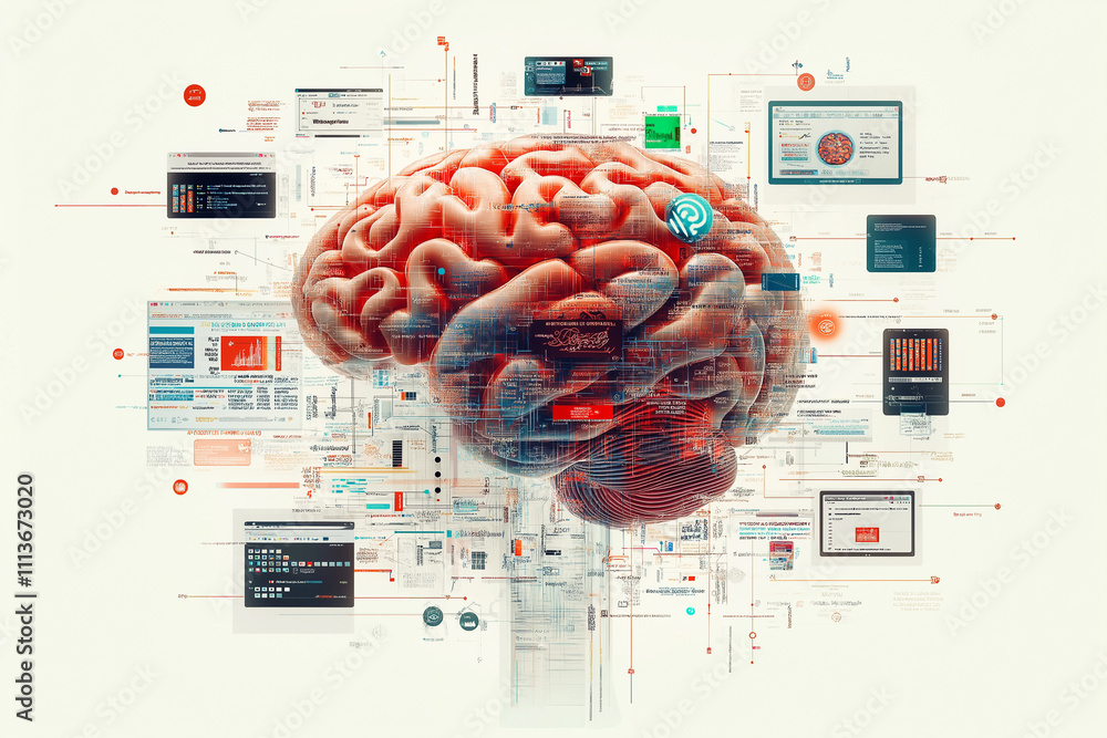 Poster brain rot internet communication concept. a surreal image depicting a rotting brain surrounded by we