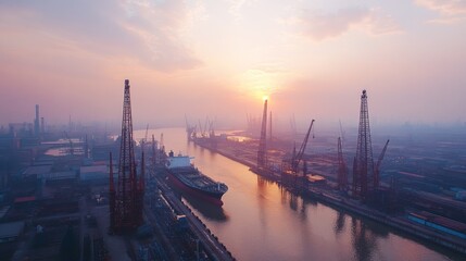 Fototapeta premium Sunrise over a Shipyard and a Large Cargo Vessel