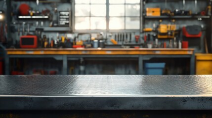 Hyper-realistic Industrial Workshop with Polished Metal Workbench and Natural Light in Background