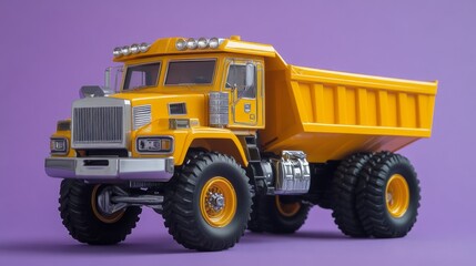 Yellow dump truck on a vibrant purple background.  3D model of a heavy-duty construction vehicle.  Modern design, with large tires and a cargo bed.  Studio shot, isolated.