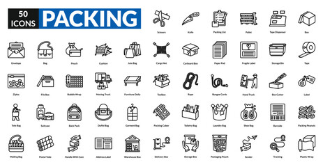 Packing line icon collection set. includes box, tape, label, bag, suitcase, bubble wrap, carton, wrap, delivery, seal, package, parcel, luggage, crate, storage