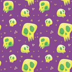 spooky and cute green skull seamless pattern with purple background