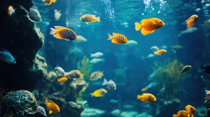 op view, home aquarium with tropical fish, rectangle shape, 4K, HD pictures.