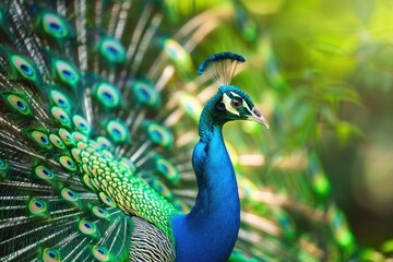 Obraz premium Exotic peacock feathers on tropical green background.