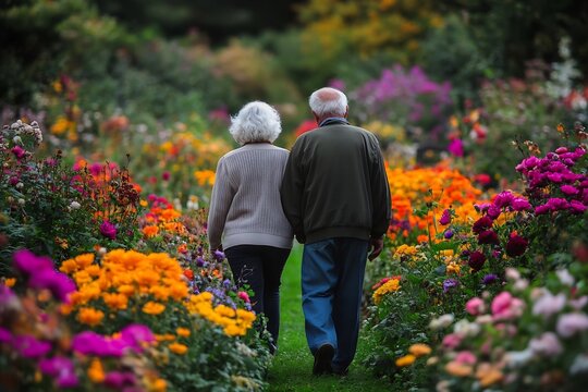 Elderly couple walking arm in arm through a vibrant flower garden with enduring affection and
