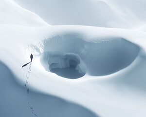 A lone figure walks across a vast, snowy icefield towards a mysterious hole in the ground