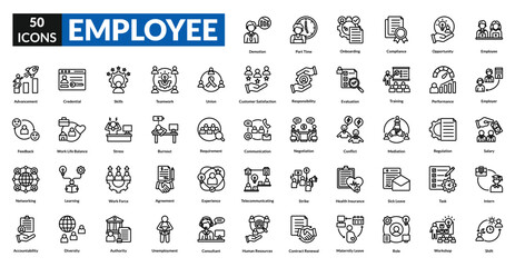 Employee line icon collection set. Includes team, staff, worker, personnel, colleague, manager, intern, supervisor, leader, recruiter, professional, assistant, administrator, associate, consultant