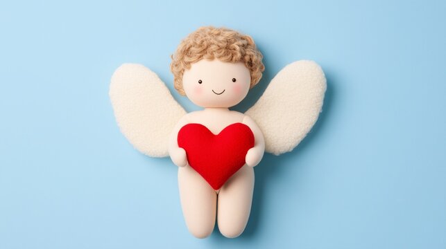 Cute romantic illustration, adorable cupid with heart on monochrome background, free space for text, valentine's day concept, romantic relationship, invitation template, banner