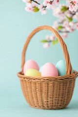 Naklejka premium basket with multi-coloured Easter eggs on monotone background, Easter traditional concept, Catholic Easter banner, free space for text