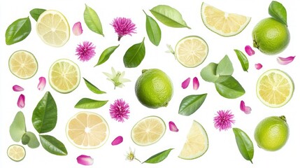 Limes, lemons, leaves, and flowers arranged on white background.
