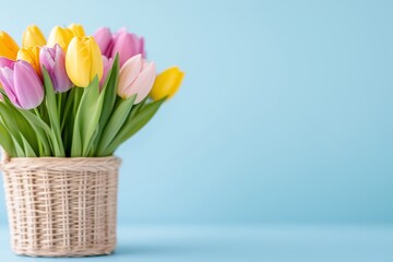 Obraz premium bouquet of tulips with green leaves in basket against a blue background, springtime charm or celebrating Valentine's Day concept, floral delicate background, copy space for text 