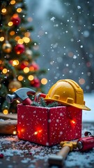 Red box with tools such as hammer, wrenches, yellow helmet, Christmas atmosphere, copyspace