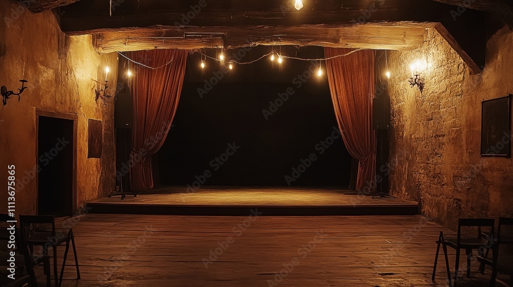 Poster a dimly lit theater stage with heavy curtains and soft lighting creating an intimate atmosphere.