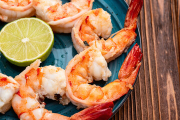 Grilled Tiger shrimps with lime photography . Top view