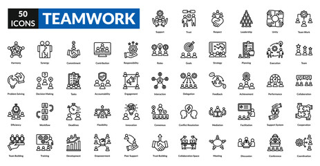 Teamwork line icon collection set. Includes collaboration, unity, support, synergy, partnership, group, coordination, leadership, goal, strategy, communication, trust, effort, planning, success