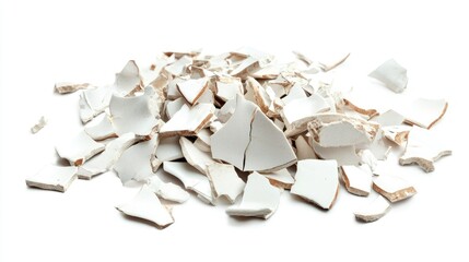 A chaotic pile of shattered ceramic pieces, detailed and isolated on a bright white background.