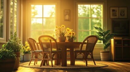 Obraz premium Sunlit Dining Room With Wooden Table And Chairs
