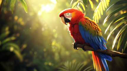 Obraz premium Beautiful Scarlet macaw parrot on a tree branch in the jungle