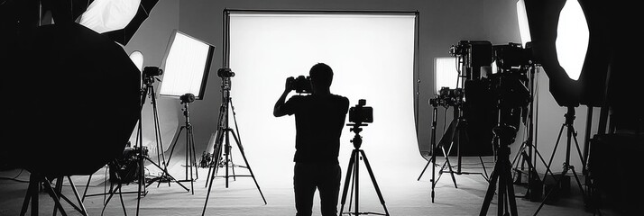 Silhouette of a male photographer capturing images in a professional studio setup.