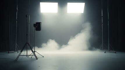 An empty photo studio with dramatic lighting and fog for a cinematic effect.