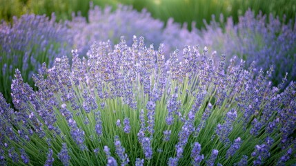 Naklejka premium Lush lavender field, vibrant purple flowers in full bloom, soft light.