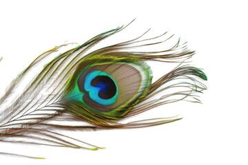 Peacock feather eye detail on white background.