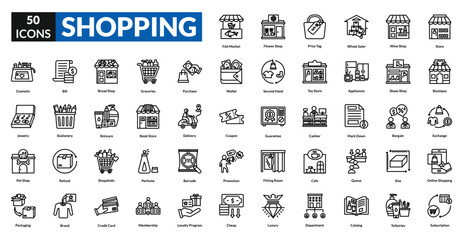 Shopping line icon collection set. Includes cart, bag, store, discount, checkout, basket, receipt, payment, sale, product, barcode, coupon, cashier, shelf, retail, store