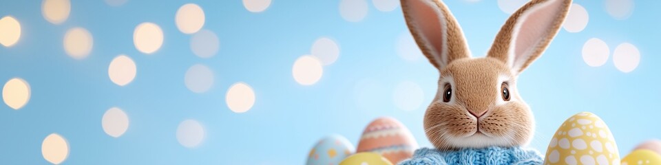 Obraz premium Cute fluffy hare with colourful Easter eggs, Easter traditional concept, Catholic Easter banner, free space for text