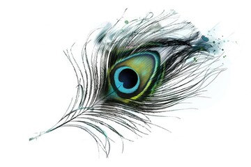 Obraz premium Peacock feather eye detail on white background.