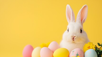 Cute fluffy hare with colourful Easter eggs, Easter traditional concept, Catholic Easter banner, free space for text