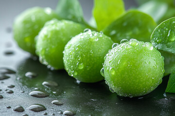 Dewy Green Fruits Resting on Dark Surface with Leaves