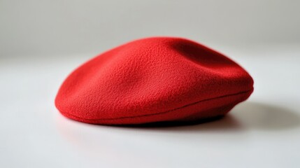 A detailed shot of a bright red French beret centered on a sleek, uncluttered white surface