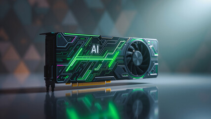 High-Performance Green Gaming Graphics Card, A sleek and powerful green gaming graphics card with a large cooling fan dominates this image. The reflective surface enhances its visual impact.