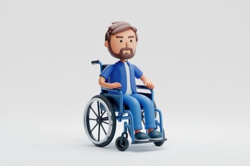 A 3D cartoon man with a beard sits in a wheelchair.