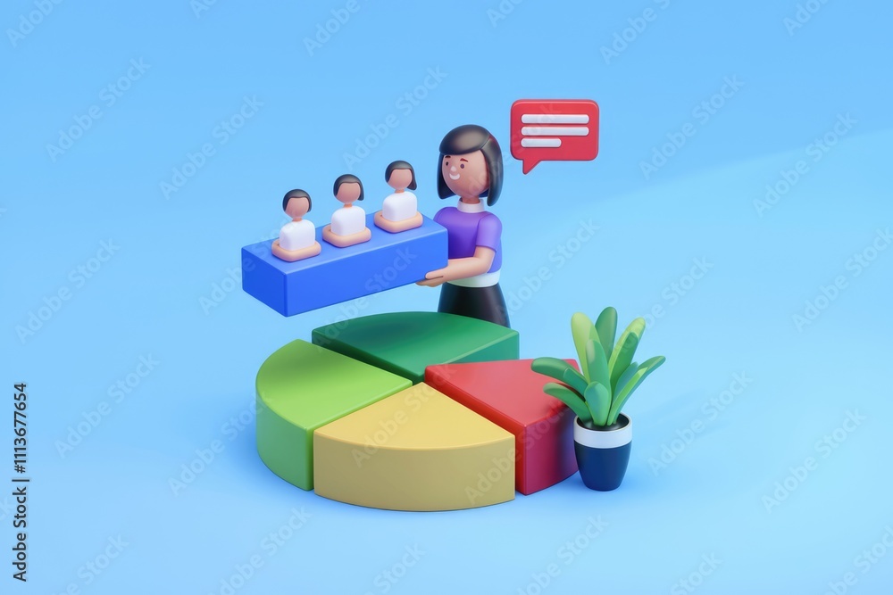 Poster 3d illustration of a woman holding a bar chart with three figures above a pie chart