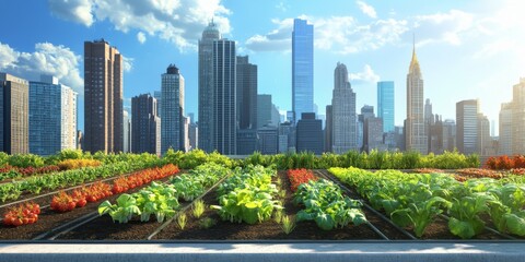 Fototapeta premium Urban Garden atop Skyscrapers with Vibrant Vegetables and Lush Greenery Surrounded by Cityscape Under Bright Blue Sky