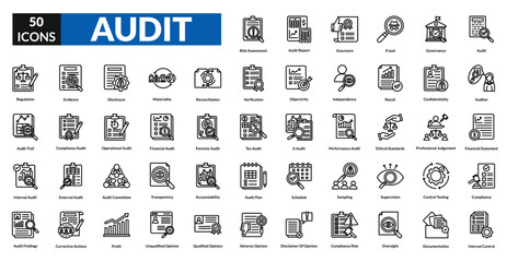 Audit line icon collection set. Includes review, inspection, compliance, checklist, assessment, verification, examination, scrutiny, oversight, evaluation, certification, analysis, monitoring