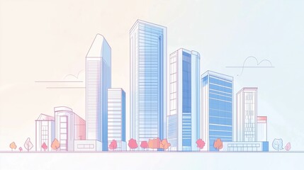 Abstract sketch high rise building. Pastel blue buildings of urban