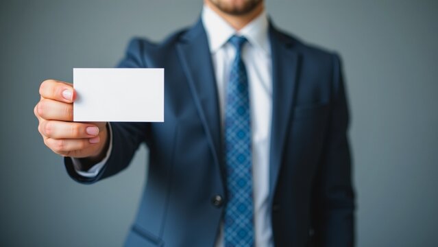 Professional Business Card Presentation, A man in a crisp blue suit holds a blank business card against a neutral gray background.