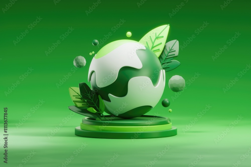 Poster abstract 3d green sphere with leaves on a platform.