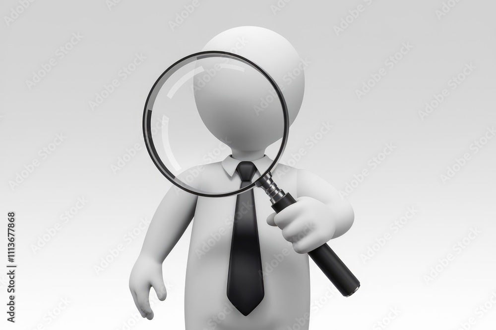 Poster a 3d character in a suit holding a magnifying glass.