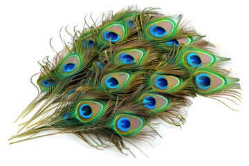 Fototapeta premium Group of bright peacock feathers on white background top view.