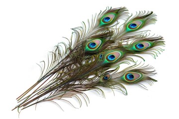 Obraz premium Group of bright peacock feathers on white background top view.