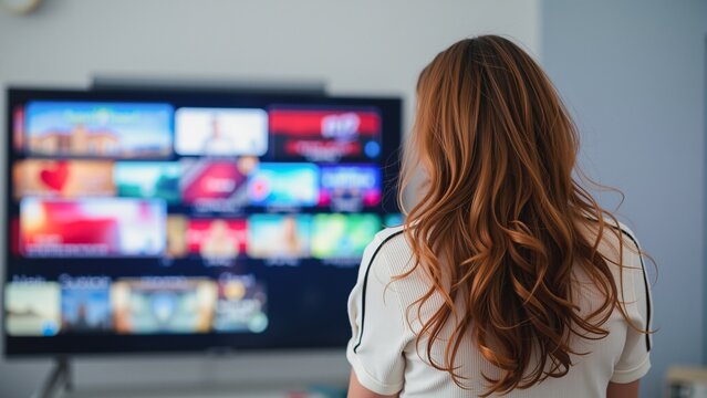 Evening Leisure - Woman Relaxing with Television, A woman with long, wavy brown hair relaxes on a couch, her back turned to the camera.