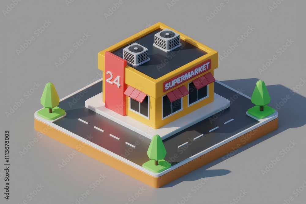 Poster a 3d model of a 24 7 supermarket with trees