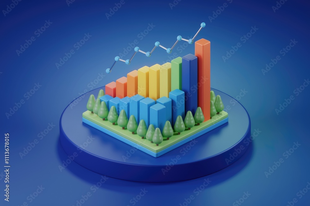 Poster 3D rendered colorful bar chart showing growth with trees.